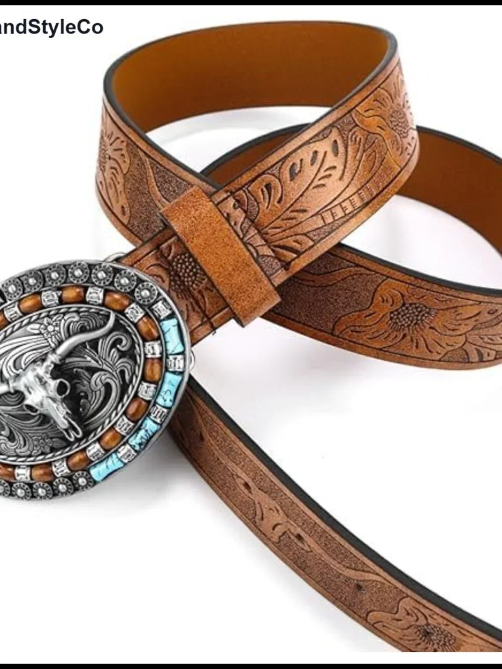 PU Leather Western Cowboy Belt Turquoise Oval Buckle Embossed